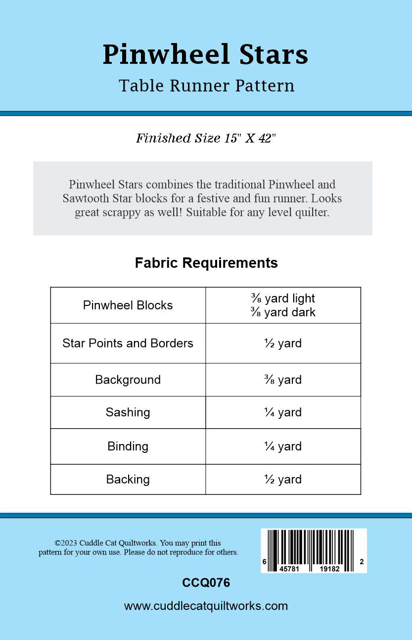 Back cover of Pinwheel Stars table runner pattern.