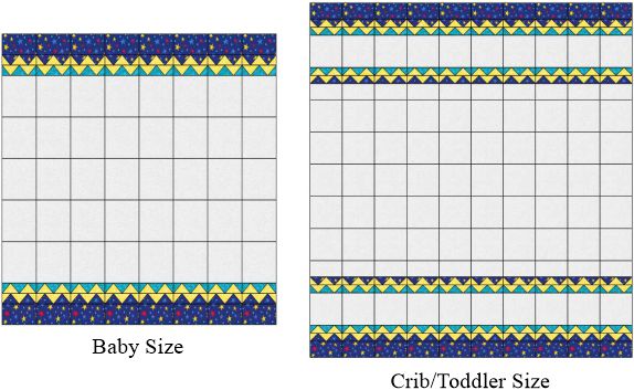 Baby Blocks baby quilt pattern showing different layouts for baby size and crib/toddler size quilts.