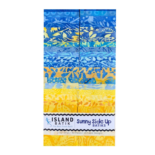 Island Batik Sunny Side Up Strip Pack - 40 2 1/2" Pre Cut Fabric Strips, Blue Yellow Batik Fabric Strips, Yellow Blue Batik Jelly Roll