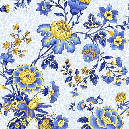 Provincial Garden Blue Fabric - Michael Miller Fabrics CX8598-BLUE, Blue and Yellow Floral Fabric - By the Yard