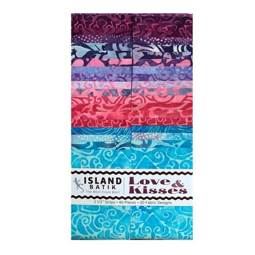 Island Batik Love and Kisses Strip Pack - 40 2 1/2" Pre Cut Fabric Strips, Pink Purple Turquoise Batik Fabric Strips, Batik Jelly Roll