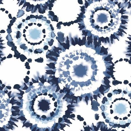 Indigo Elements White Tie Dye Fabric - 2833C-10 - 21" REMNANT CUT, Blue White Tie Dye Circles Fabric, By the Yard