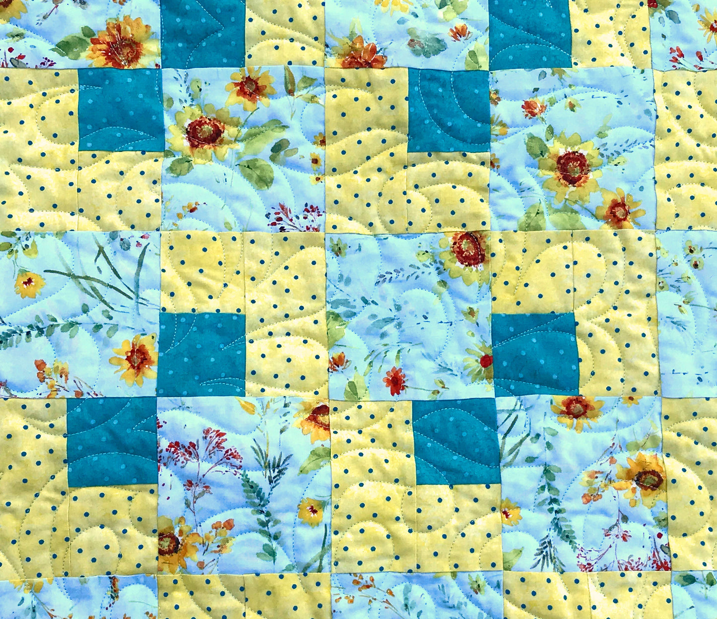 Teal and Yellow Sunflower Floral Throw Quilt, Handmade Four Patch Quilt with Teal and Yellow Flowers, Teal and Yellow Throw Quilt 61" X 69"