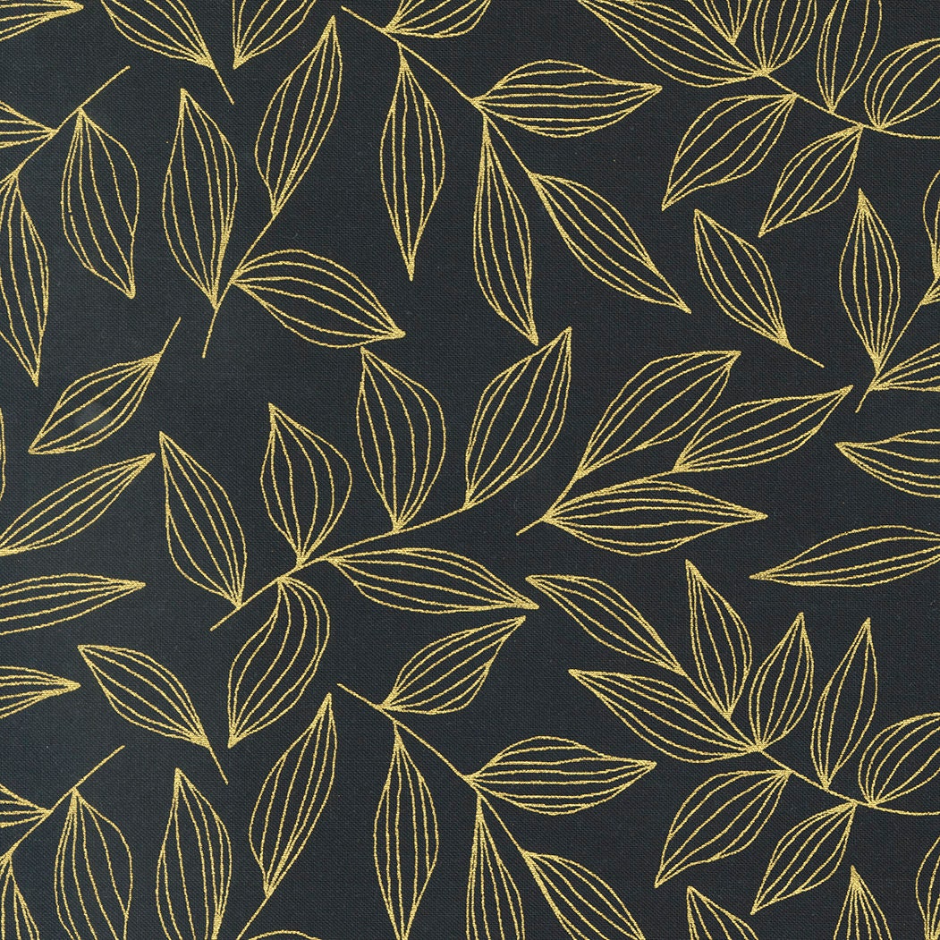 Gilded Black Leaves Ink Gold Metallic Fabric - 26" REMNANT CUT - Moda 11532-16M, Black and Gold Leaf Fabric, Black Gold Blender Fabric