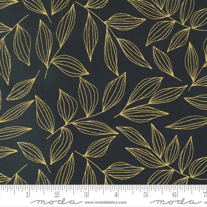 Gilded Black Leaves Ink Gold Metallic Fabric - 26" REMNANT CUT - Moda 11532-16M, Black and Gold Leaf Fabric, Black Gold Blender Fabric