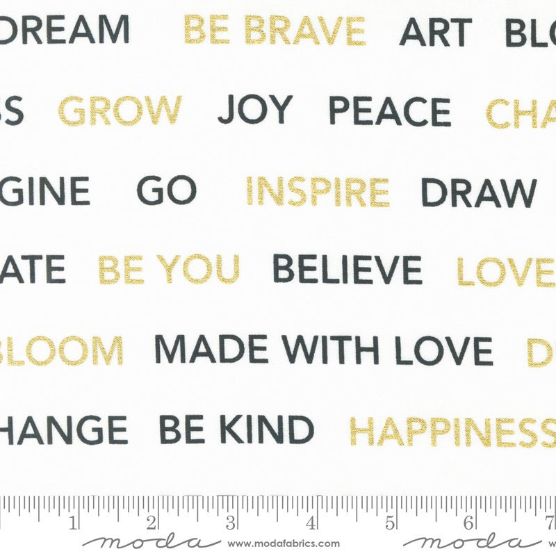 Gilded Kind Words Text Paper Gold Metallic Fabric - 19" REMNANT CUT - Moda 11536-15M, Black and White Floral Fabric