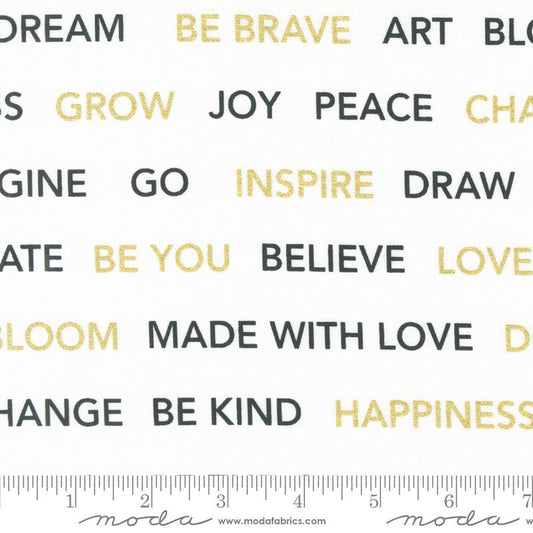 Gilded Kind Words Text Paper Gold Metallic Fabric - 19" REMNANT CUT - Moda 11536-15M, Black and White Floral Fabric