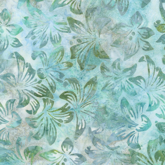 Morning Mist Lilies Pond Batik Fabric - 31" REMNANT CUT - Robert Kaufman AMD-22164-56, Blue Green Batik Floral Fabric