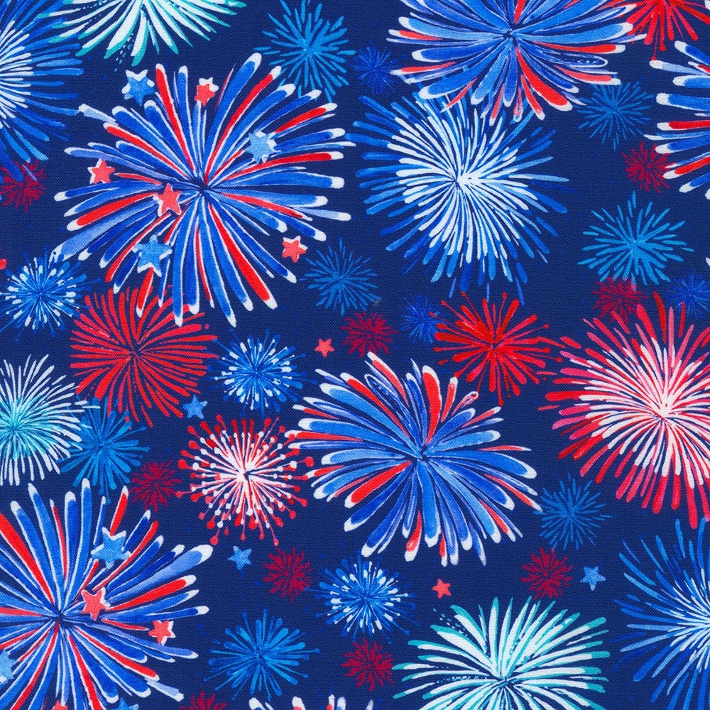 Independence Day Americana Fireworks Fabric - 35" REMNANT CUT - Robert Kaufman AHVD22301202, Patriotic Fireworks Fabric