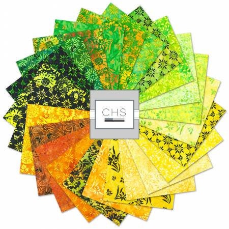 Bees and Flowers Batik 5" Squares Charm Pack - Robert Kaufman Fabrics CHS-1199-42, Yellow and Green Batik Charm Pack