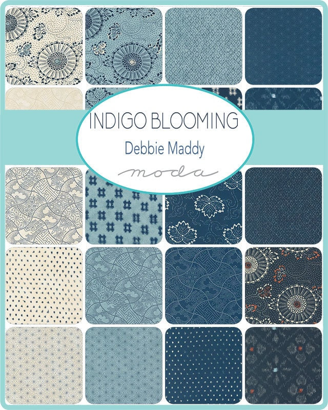 Indigo Blooming Charm Pack - Moda 48090PP, Blue Cream and Gray Floral Charm Pack, Blue Gray Reproduction Floral Charm Pack