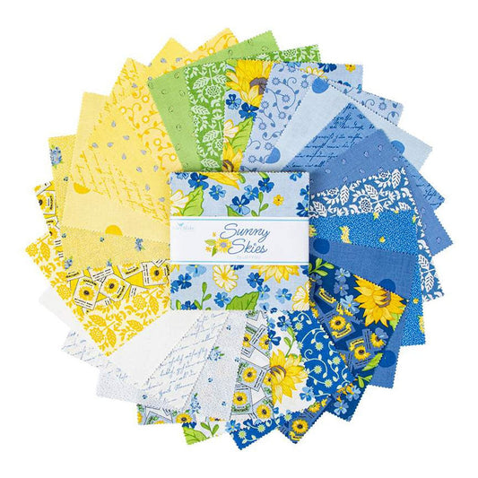 Sunny Skies 5" Stacker Charm Pack - Riley Blake Designs 5-14630-42, Blue Yellow Sunflower Themed Charm Pack, Blue Yellow Floral Charm Pack