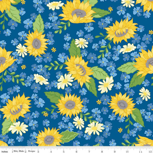 Sunny Skies Main Dusk Sunflower Fabric - 23" REMNANT CUT - Riley Blake Designs C14630R-DUSK, Blue and Yellow Sunflower Floral Fabric