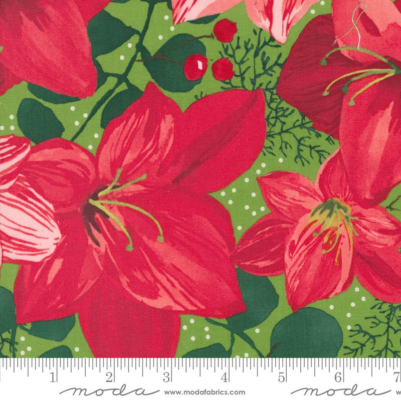 Winterly Christmas Lily Large Floral Chartreuse Fabric - 36" REMNANT CUT - Moda Fabrics 48760-12, Christmas Floral Fabric