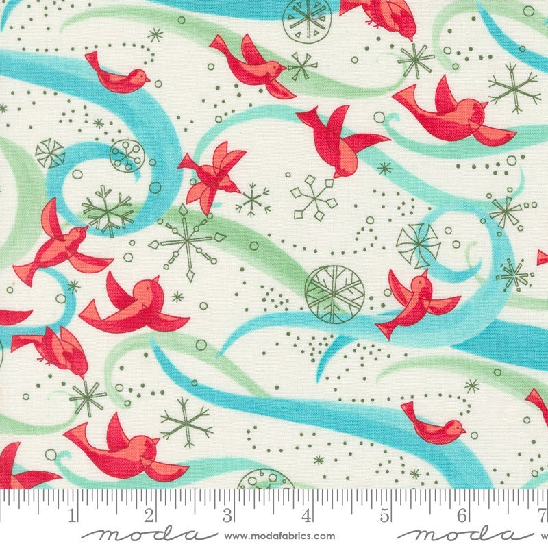 Winterly Cream Birds with Ribbons Fabric - Moda Fabrics 48761-11, Christmas Themed Birds and Snowflakes Fabric By the Yard