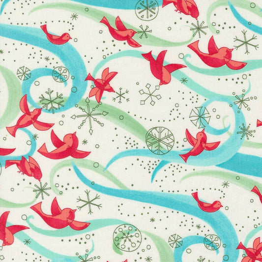 Winterly Cream Birds with Ribbons Fabric - Moda Fabrics 48761-11, Christmas Themed Birds and Snowflakes Fabric By the Yard