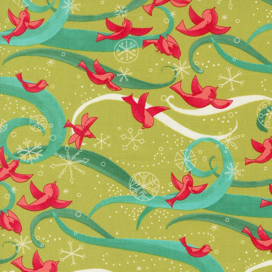 Winterly Chartreuse Green Birds with Ribbons Fabric - Moda Fabrics 48761-12, Christmas Themed Birds and Snowflakes Fabric By the Yard