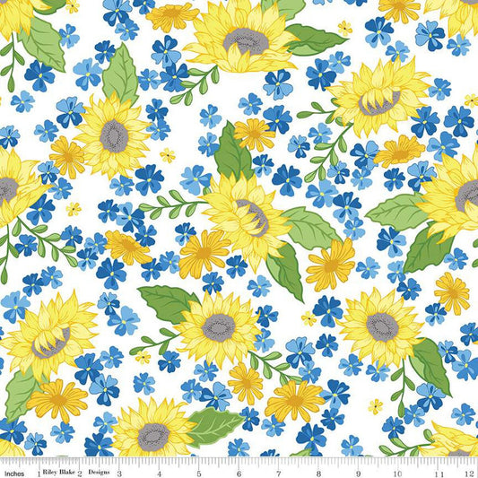 Sunny Skies Main White Sunflower Fabric - Riley Blake Designs C14630R-WHITE, Blue Yellow and White Sunflower Floral Fabric By the Yard