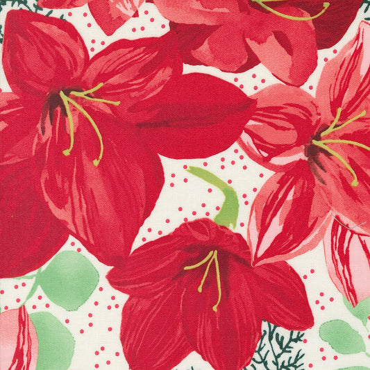 Winterly Christmas Lily Large Floral Cream Fabric - Moda Fabrics 48760-11, Christmas Floral Fabric, Christmas Lily Fabric By the Yard