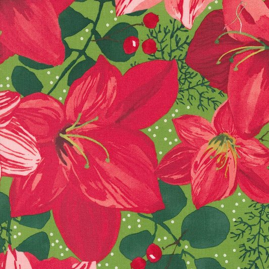 Winterly Christmas Lily Large Floral Chartreuse Fabric - Moda Fabrics 48760-12, Christmas Floral Fabric, Christmas Lily Fabric By the Yard