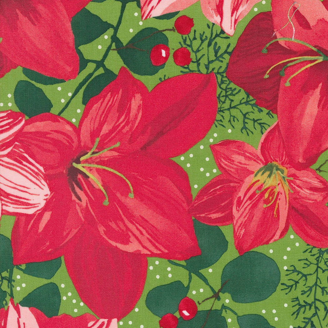 Winterly Christmas Lily Large Floral Chartreuse Fabric - 36" REMNANT CUT - Moda Fabrics 48760-12, Christmas Floral Fabric
