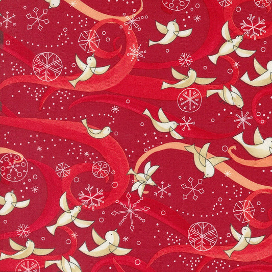 Winterly Crimson Birds with Ribbons Fabric - Moda Fabrics 48761-16, Christmas Themed Birds and Snowflakes Fabric By the Yard