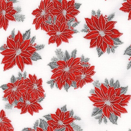 Holiday Charms Scarlet Poinsettia with Metallic Fabric - Robert Kaufman SRKM1992693, Red and Silver Christmas Poinsettia Fabric By the Yard