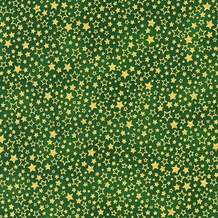 Holiday Charms Green Stars with Metallic Fabric - Robert Kaufman SRKM199527, Green and Gold Christmas Stars Fabric By the Yard