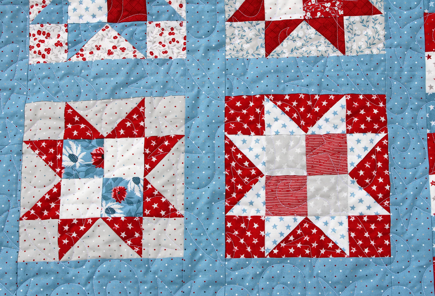 Close up of the quilting on the stars on One Nation patriotic quilt pattern sample quilt with patchwork stars in three sizes and red white and blue stripes and blue sashing.