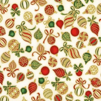 Holiday Charms Christmas Ornaments with Metallic Fabric - Robert Kaufman SRKM19948223, Red Green Christmas Ornament Fabric By the Yard