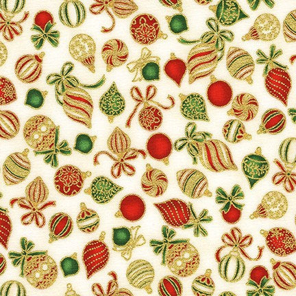 Holiday Charms Christmas Ornaments with Metallic Fabric - 26" REMNANT CUT - Robert Kaufman SRKM19948223, Red Green Christmas Ornament Fabric