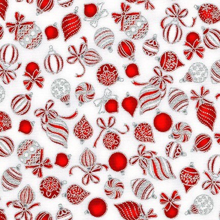 Holiday Charms Scarlet Ornaments with Metallic Fabric - Robert Kaufman SRKM1994893, Red and Silver Christmas Ornaments Fabric By the Yard