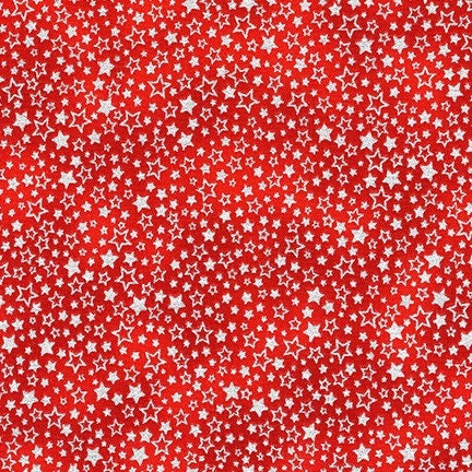 Holiday Charms Scarlet Stars with Metallic Fabric - 25" REMNANT CUT - Robert Kaufman SRKM1995293, Red and Silver Christmas Stars Fabric