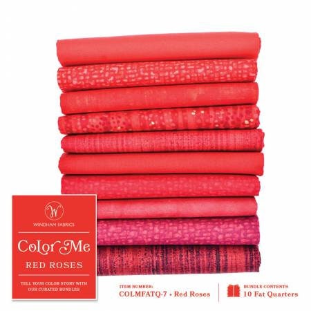 Color Me Red Roses Fat Quarter Bundle 10pc - Windham Fabrics COLMFATQ-7, Red Fat Quarter Bundle