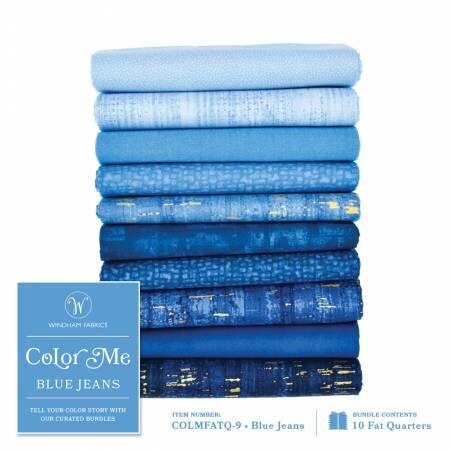 Color Me Blue Jeans Fat Quarter Bundle 10pc - Windham Fabrics COLMFATQ-9, Blue Fat Quarter Bundle