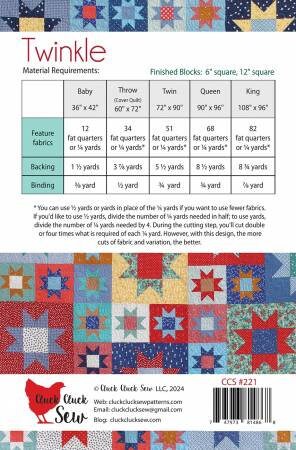 Twinkle Quilt Pattern - Cluck Cluck Sew 221, Fat Quarter Star Quilt Pattern in Five Sizes