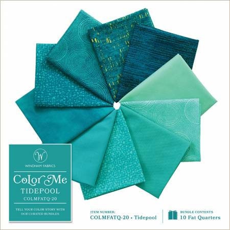 Color Me Tidepool Blue-Green Teal Fat Quarter Bundle 10pc - Windham Fabrics COLMFATQ-20, Blue-Green Turquoise Teal Fat Quarter Bundle