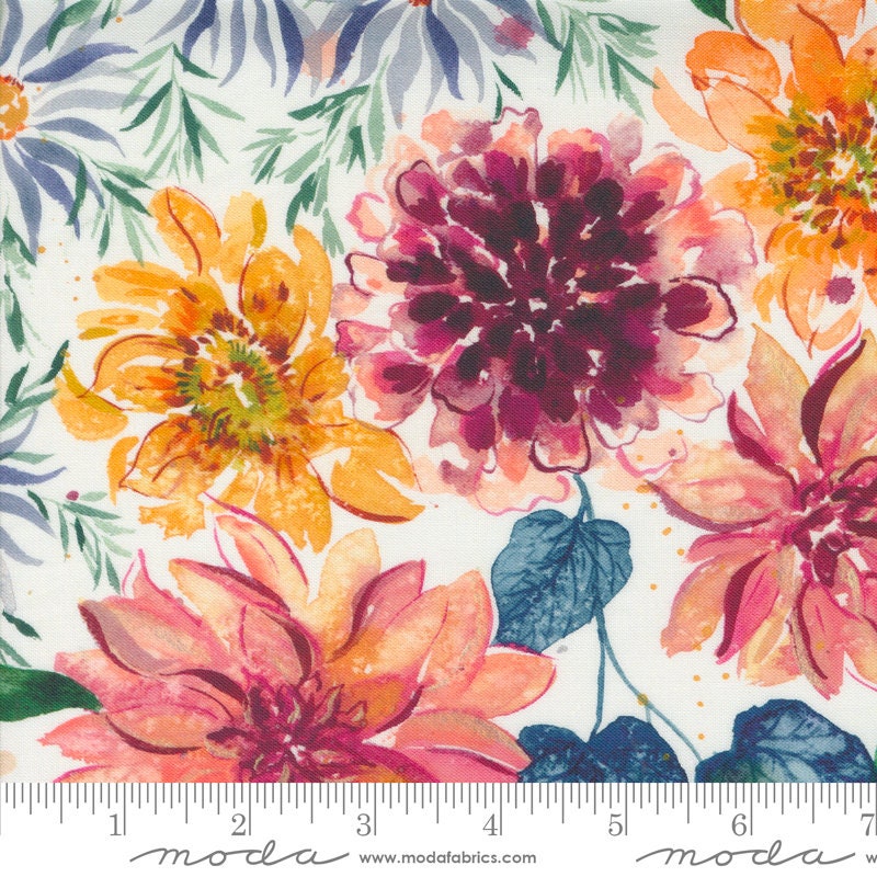 Floribunda Retro Harvest Large Floral Sunflowers Watercolor Fabric - Moda 39800-11, Sunflower Floral Watercolor Fabric By the Yard