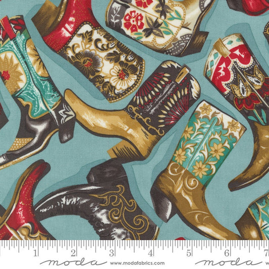 Saddle Ranch Boot Scootin Cowboy Boots Pond Fabric - 29" REMNANT CUT - Moda 33791-17, Teal Cowboy Western Themed Fabric