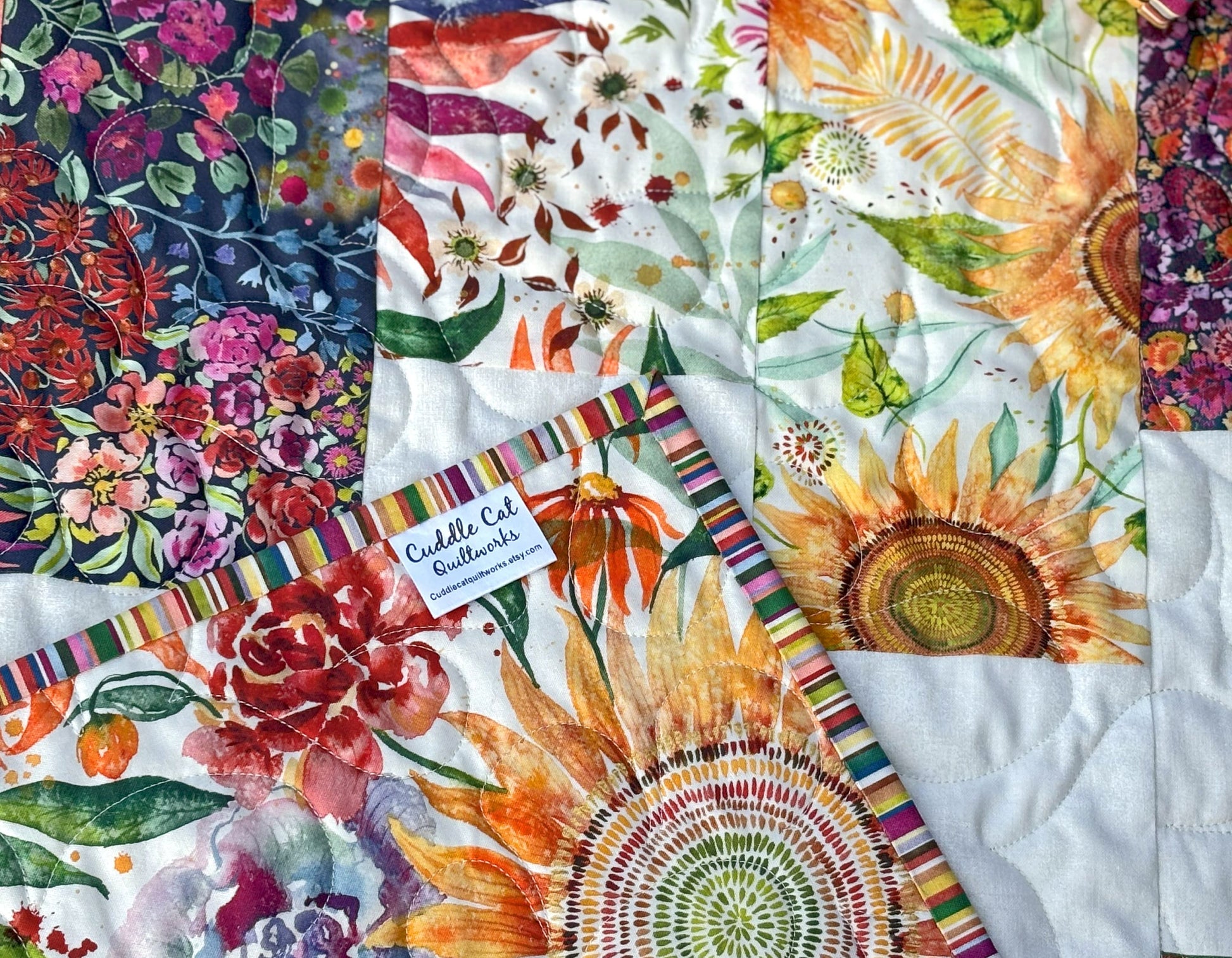 Watercolor Floral Handmade Throw Quilt - Colorful Floral Lap Quilt size 57" X 63"