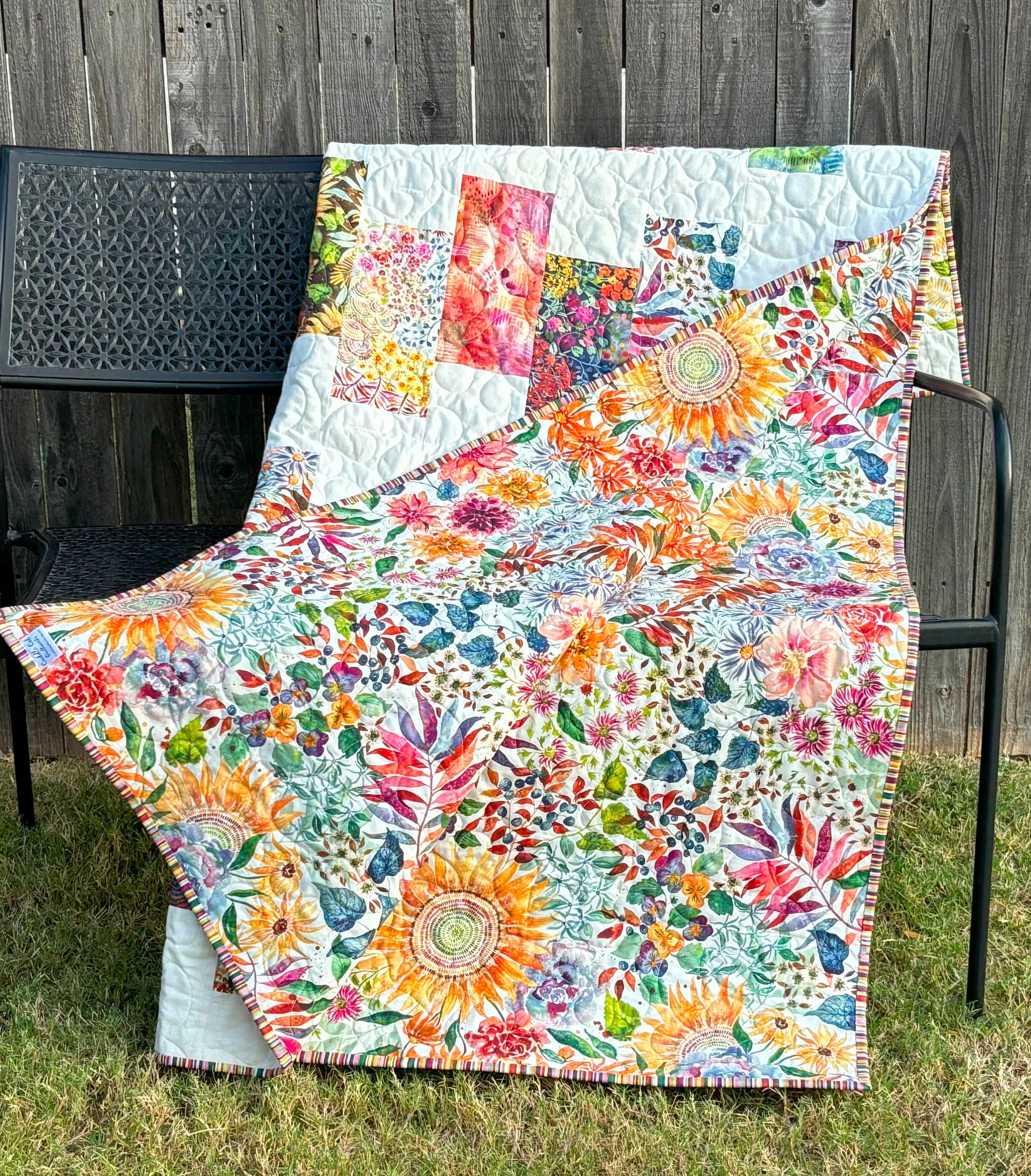 Watercolor Floral Handmade Throw Quilt - Colorful Floral Lap Quilt size 57" X 63"