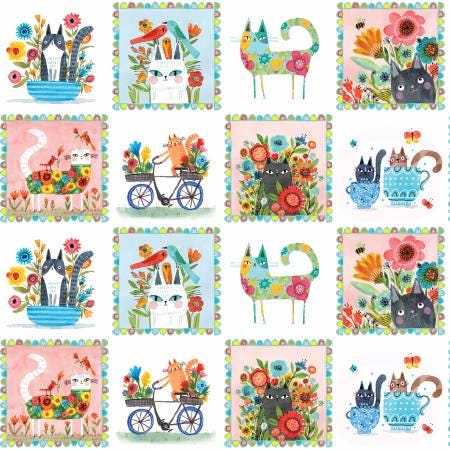 Garden Cats Fat Quarter Bundle 8pc - Benartex FQGRCPK, Cat Themed Fat Quarters, Cat Themed Fabric Pre-Cuts, Cats and Flowers Fabric