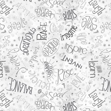 108" Cloud Aspirations Wide Quilt Backing Fabric - 20" REMNANT CUT - Windham 53858W-10DES, Inspirational Wording Gray Wide Quilt Backing