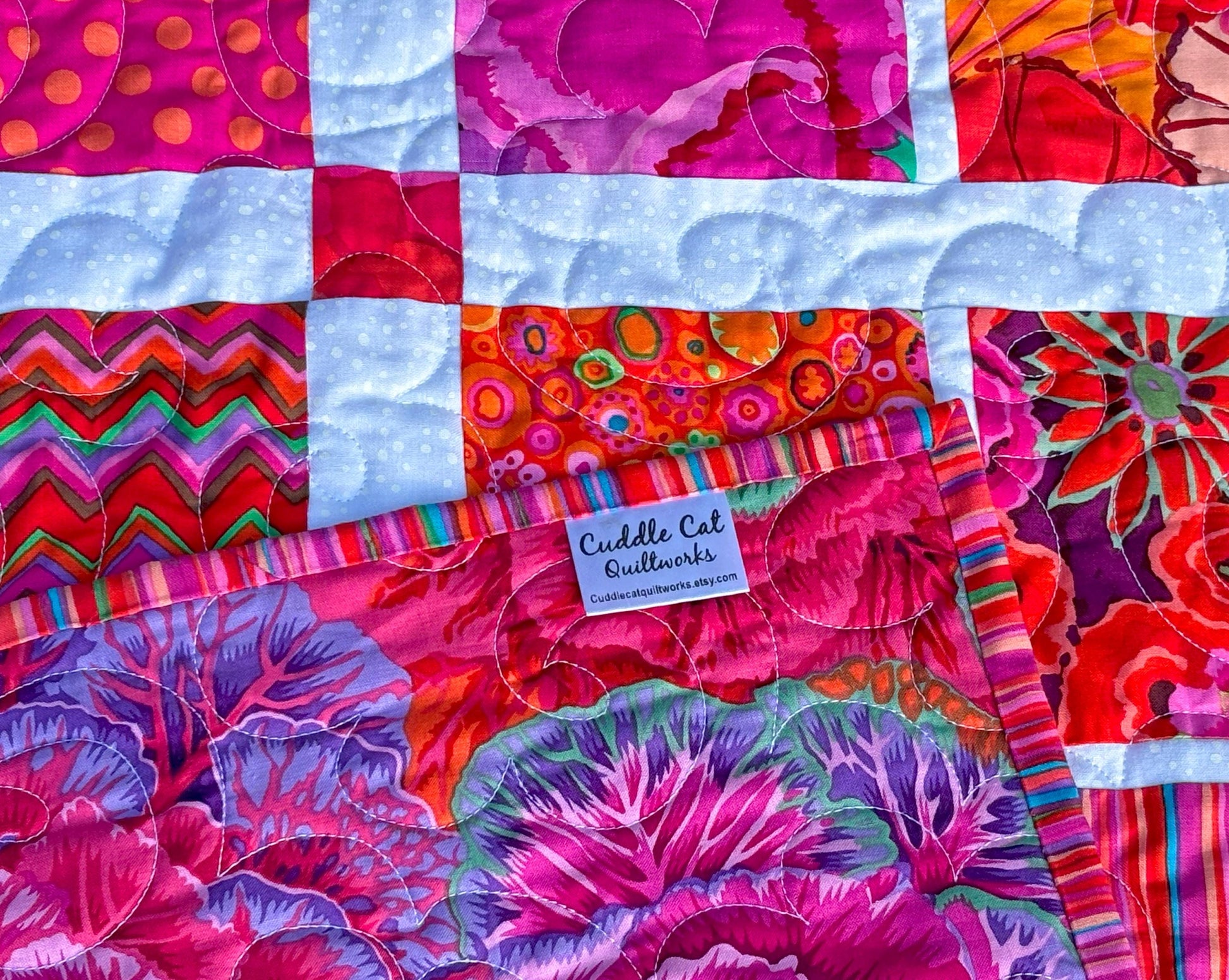 Pink and White Kaffe Fassett Handmade Throw Quilt, Modern Floral Throw Quilt with Kaffe Fassett Fabrics, Quilt for Sale 54" X 65"