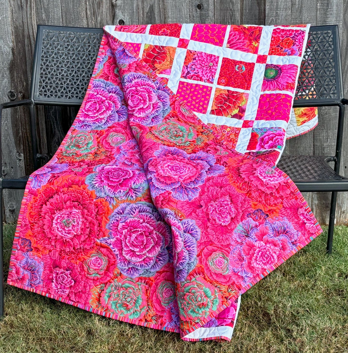 Pink and White Kaffe Fassett Handmade Throw Quilt, Modern Floral Throw Quilt with Kaffe Fassett Fabrics, Quilt for Sale 54" X 65"