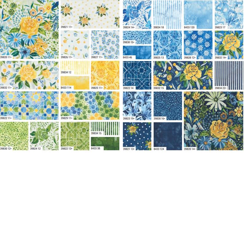 Sunshine and Blue Skies Fat Quarter Bundle 34pc includes 2 Panels - Moda 39820AB, Blue and Yellow Watercolor Floral Fat Quarter Bundle