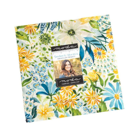 Sunshine and Blue Skies Layer Cake - Moda 39820LC, Blue and Yellow Watercolor Floral Layer Cake by Create Joy Project