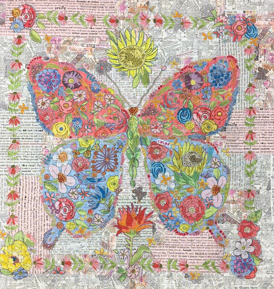 Flowerfly Collage QUILT KIT by Laura Heine Pattern & Fabric Included, Certified Authentic Laura Heine Flowerfly Butterfly Collage Quilt Kit