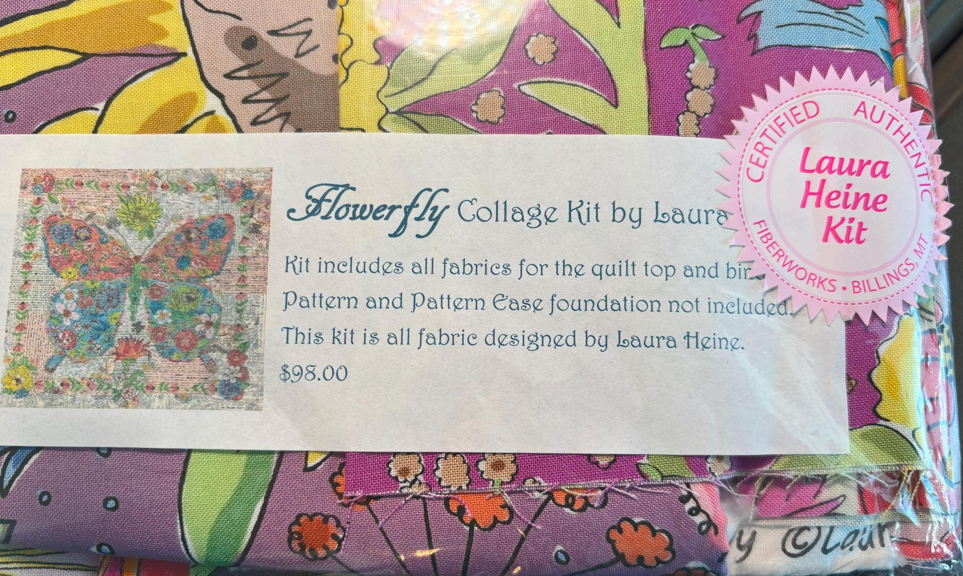 Flowerfly Collage QUILT KIT by Laura Heine Pattern & Fabric Included, Certified Authentic Laura Heine Flowerfly Butterfly Collage Quilt Kit