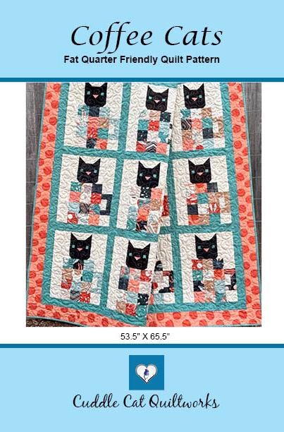 Coffee Cats Quilt Pattern PDF Version - Cuddle Cat Quiltworks CCQ088, Fat Quarter and Scrap Friendly Cat Themed Quilt Pattern